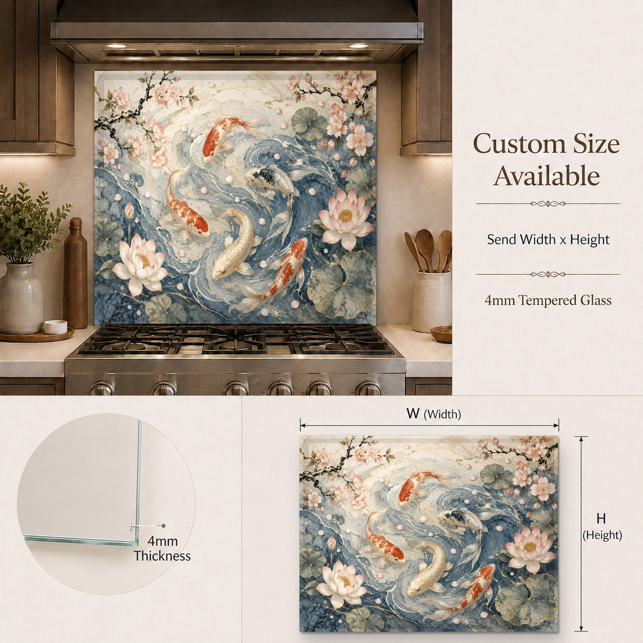 Moonlit Koi tempered glass backsplash behind a home bar area