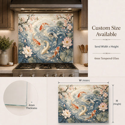Moonlit Koi tempered glass backsplash behind a home bar area