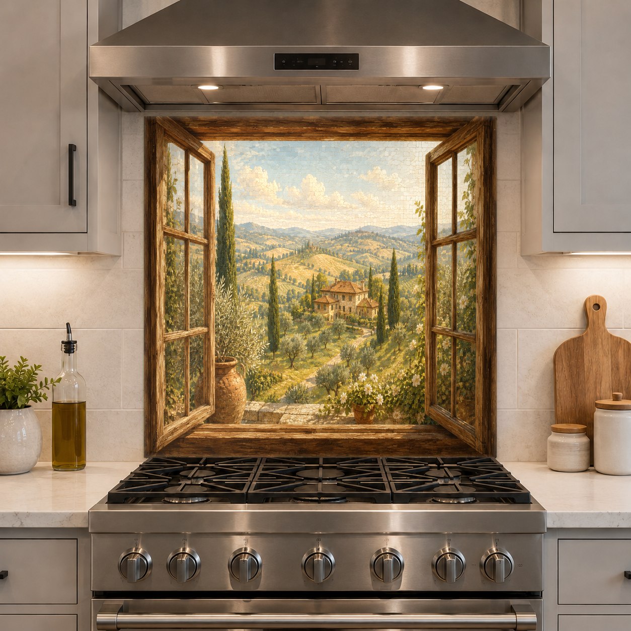 Scenic botanical glass kitchen wall panel installed in a modern home bar area.