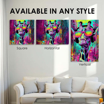 Colorful giraffe art prints on a wall above a white sofa with text 'Available in any style'.