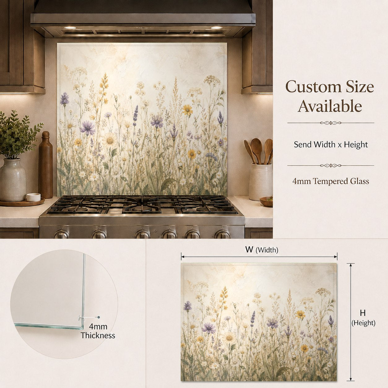 Rustic kitchen interior featuring a durable, heat-resistant wildflower meadow glass backsplash behind the stove.