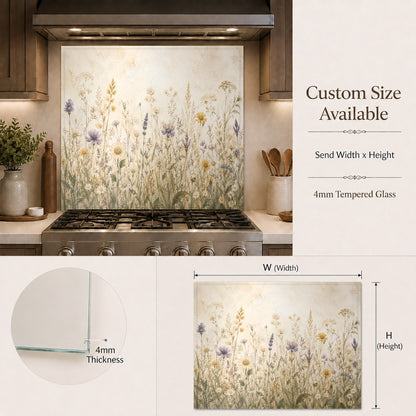 Rustic kitchen interior featuring a durable, heat-resistant wildflower meadow glass backsplash behind the stove.