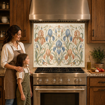 Warm neutral botanical design glass backsplash protecting the wall behind an induction cooktop.