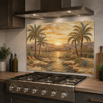 Close-up of the glossy, heat-resistant Deco Sunrise glass backsplash panel showing vibrant UV-printed details.