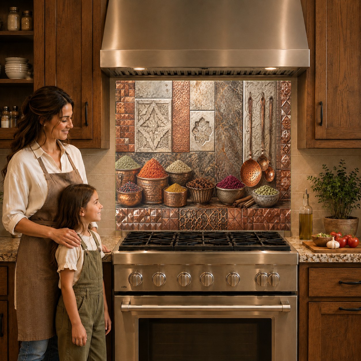 Luxury copper look glass backsplash panel mounted over a kitchen cooktop