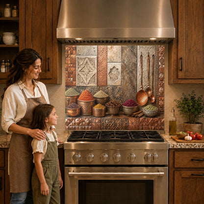 Luxury copper look glass backsplash panel mounted over a kitchen cooktop
