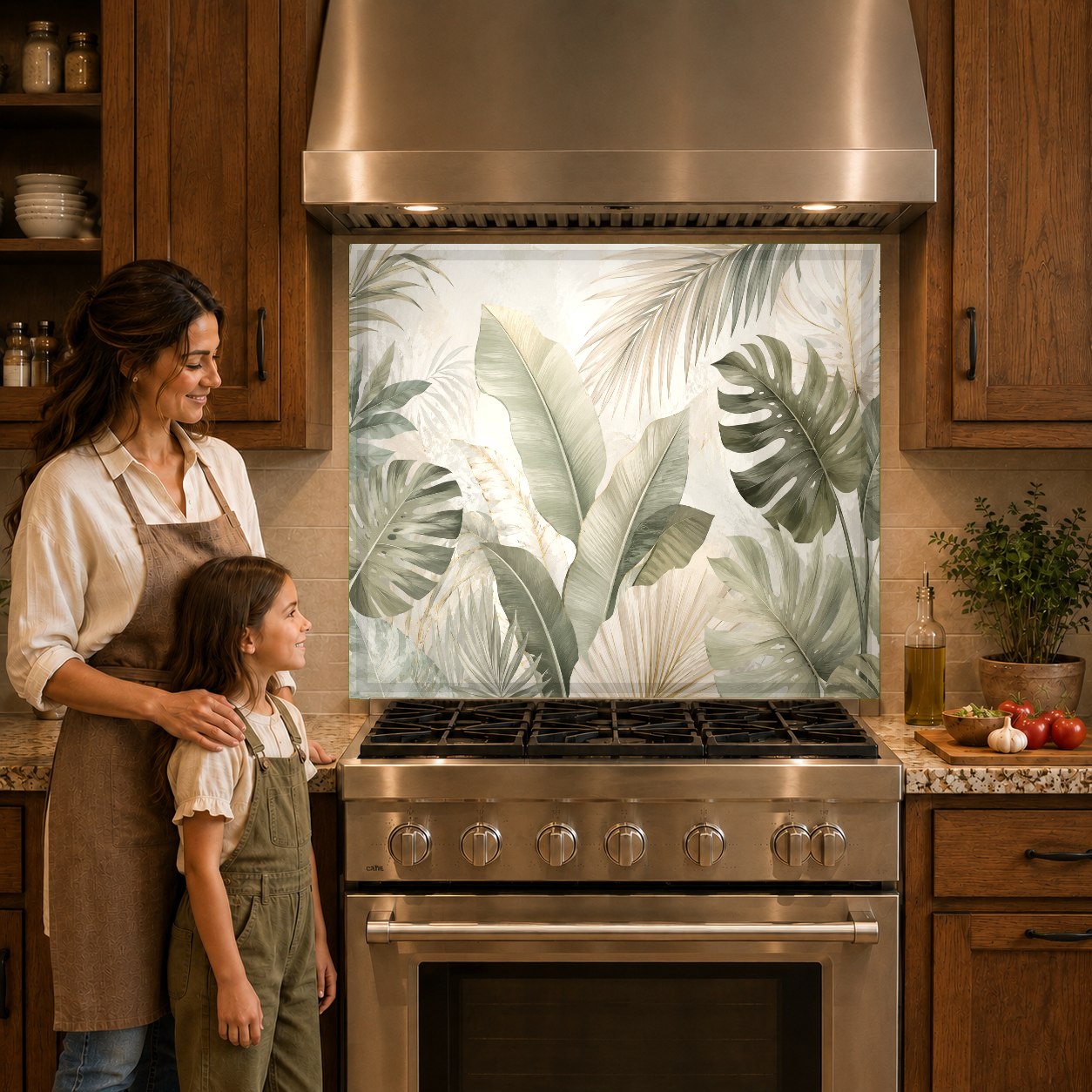 Modern minimal green glass backsplash panel mounted behind a stainless steel kitchen cooktop