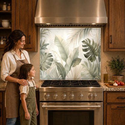 Modern minimal green glass backsplash panel mounted behind a stainless steel kitchen cooktop