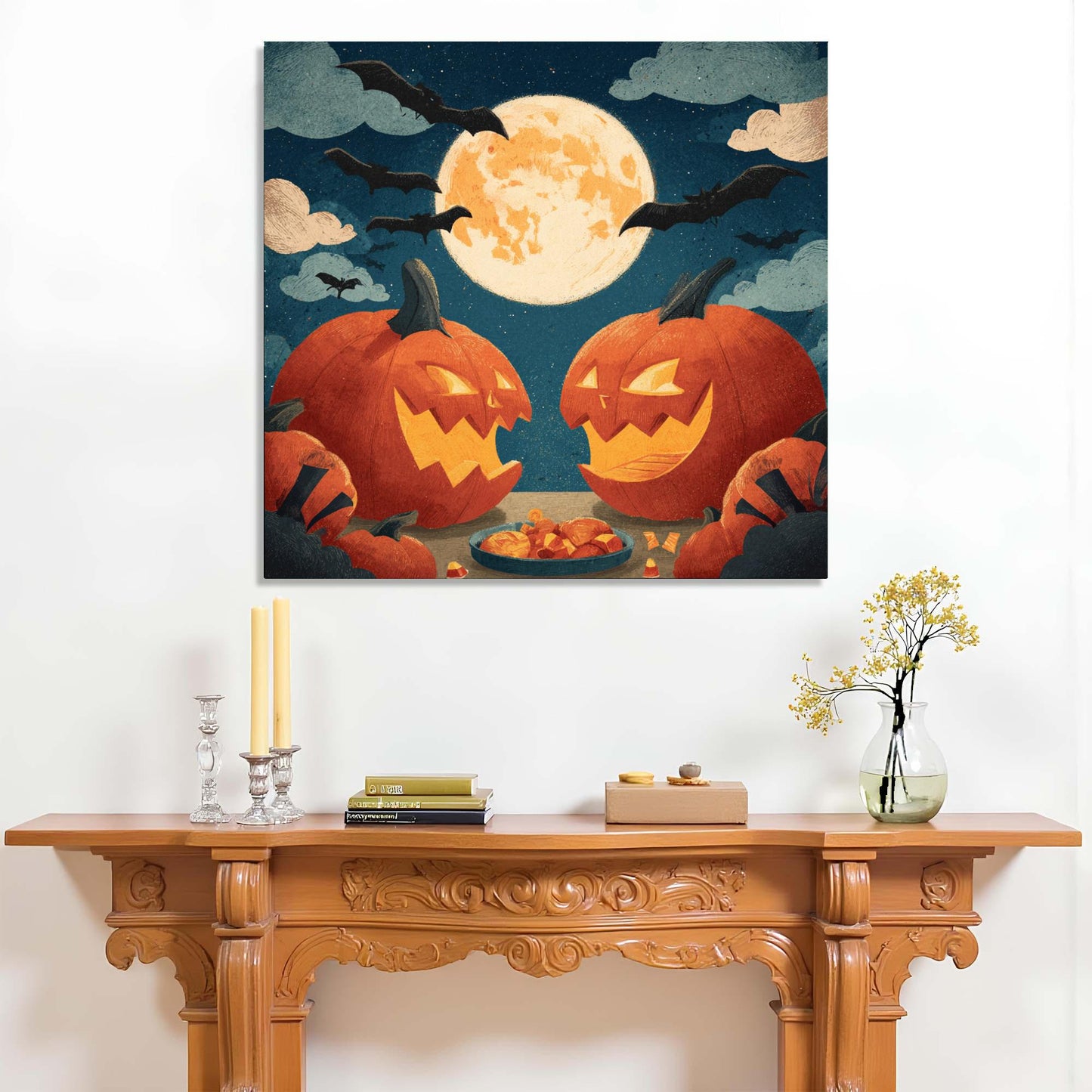 Halloween-themed painting of jack-o'-lanterns on a fireplace mantel.