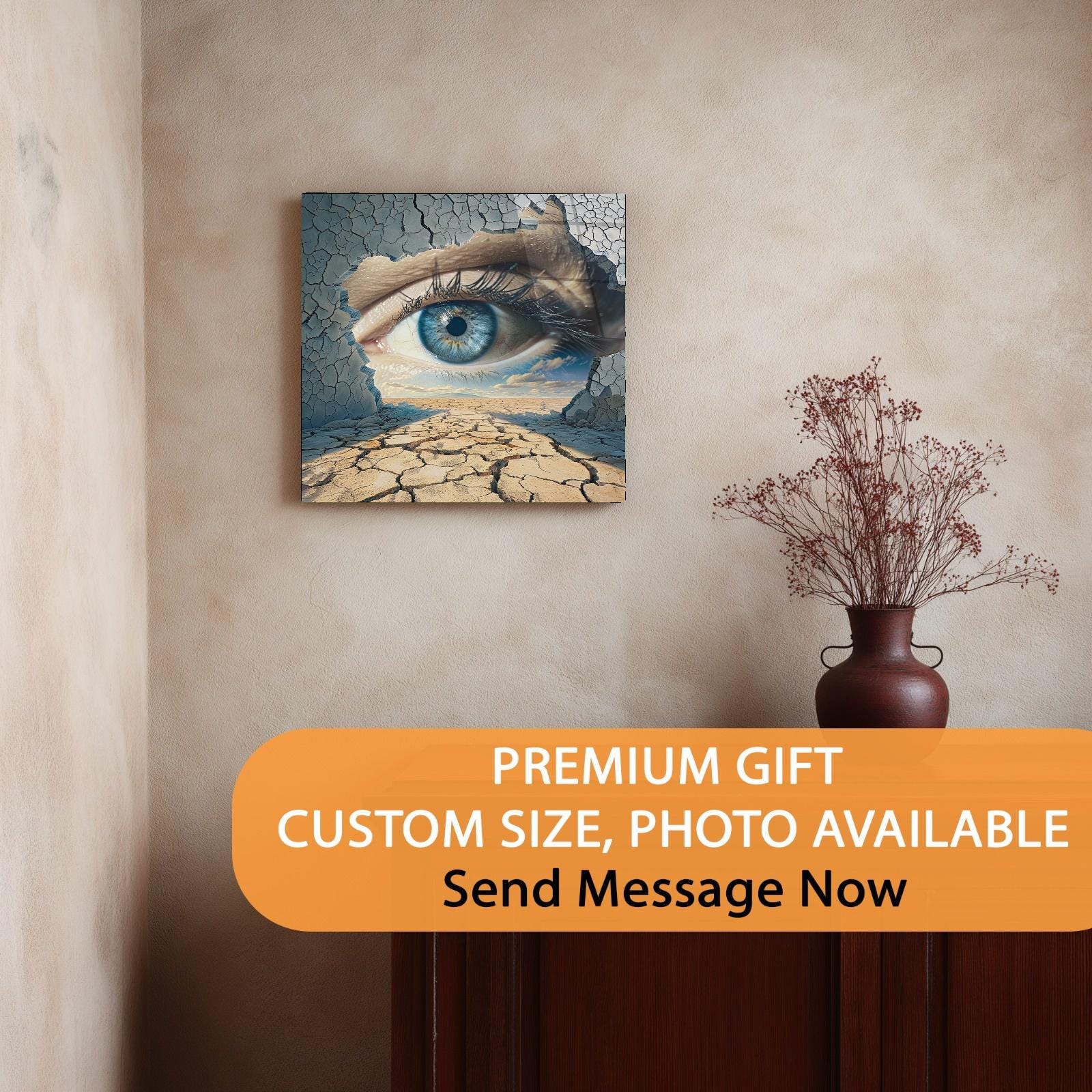 Artistic wall piece with eye and cracked earth design on a beige wall, with a vase of dried flowers below.