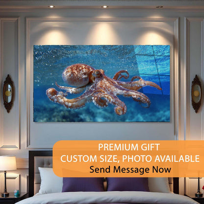 Octopus underwater scene on a wall in a bedroom setting with promotional text.