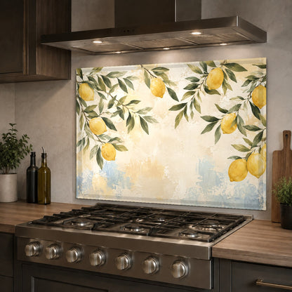 Vibrant lemon tree glass backsplash protecting the wall behind a kitchen sink