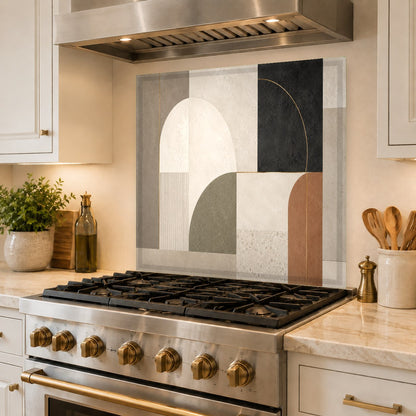 Full kitchen view showing an Urban Geometry tempered glass backsplash installation