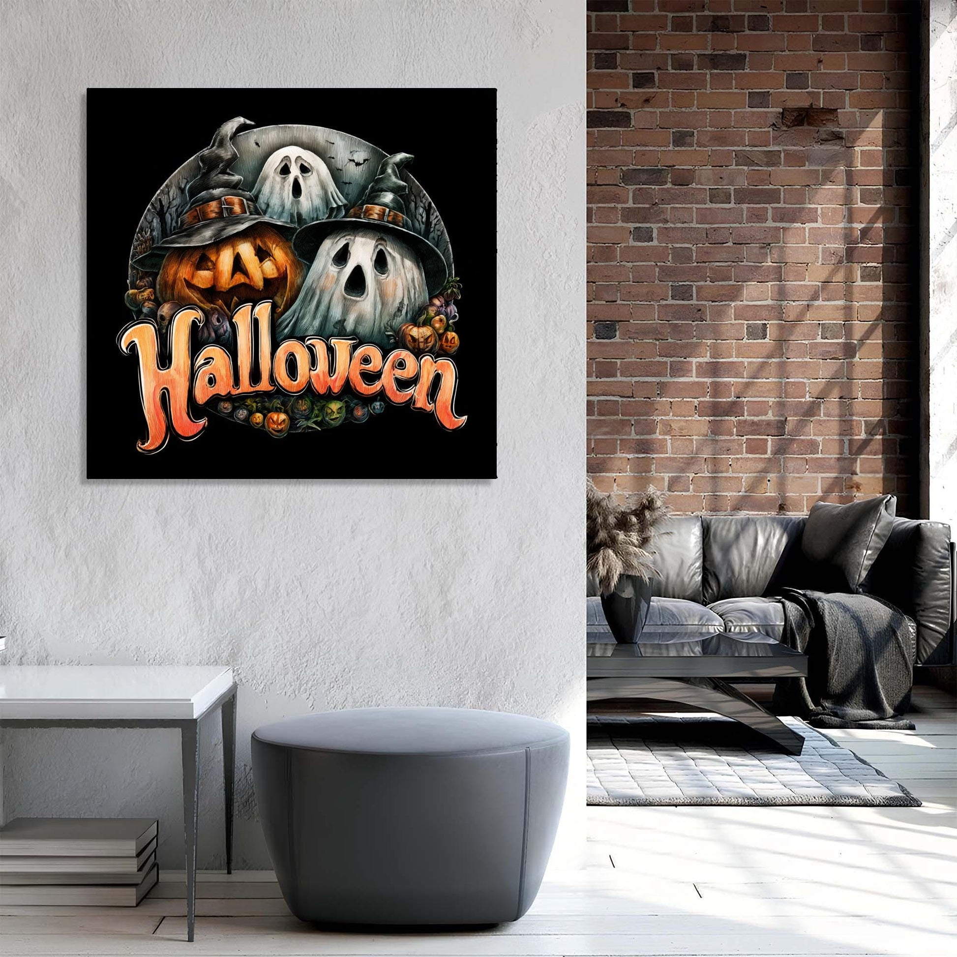 Halloween-themed wall art with pumpkins and ghosts on a black background, displayed in a living room.