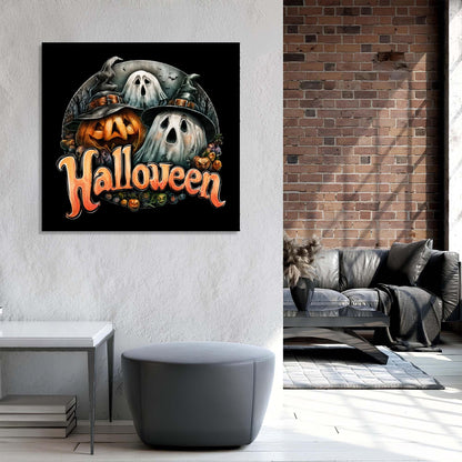 Halloween-themed wall art with pumpkins and ghosts on a black background, displayed in a living room.