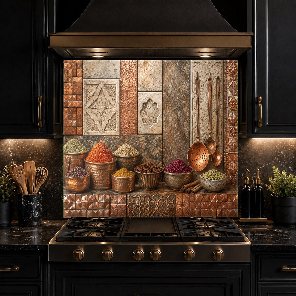 Modern kitchen featuring Copper Spice heat-resistant glass backsplash