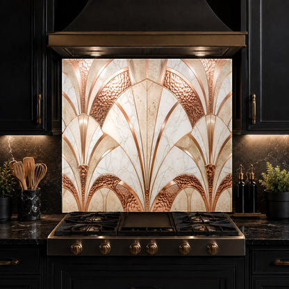 Full kitchen view featuring an abstract copper glass backsplash panel behind the main cooking range