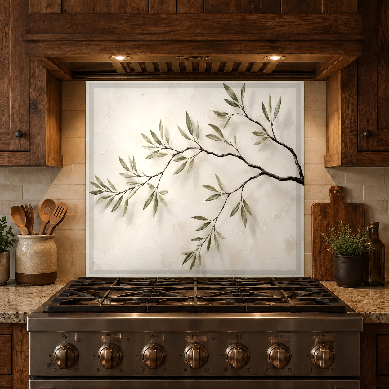 Tempered glass stove splash guard featuring an organic tree branches design