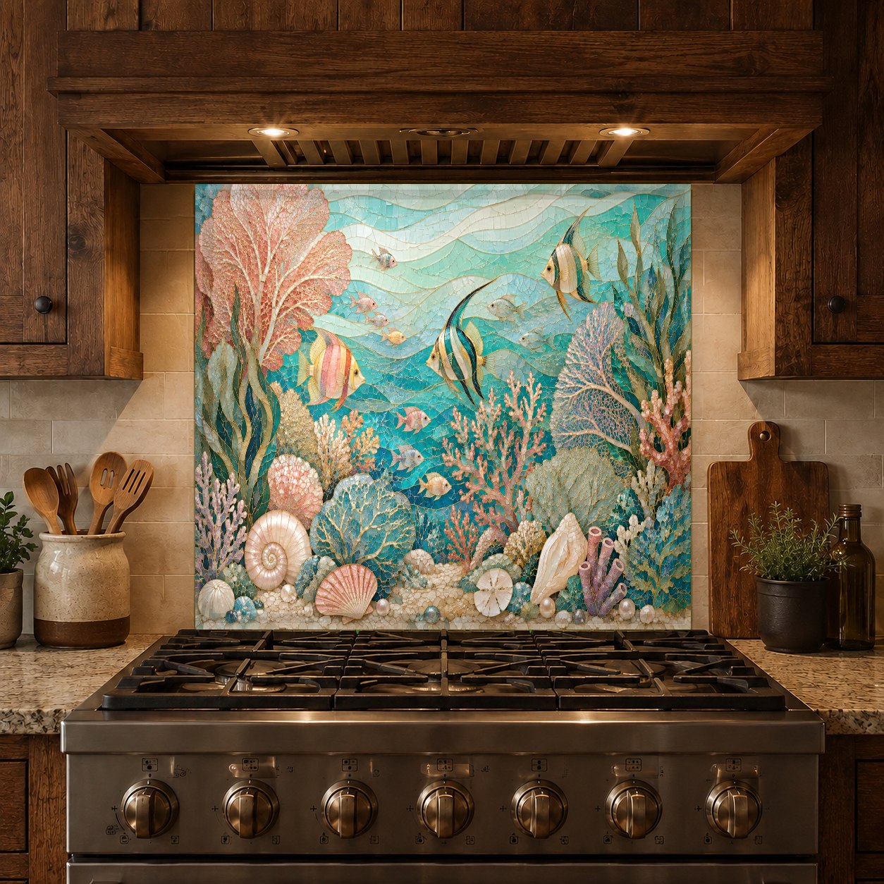 Custom sized coastal ocean tempered glass backsplash behind a gas range