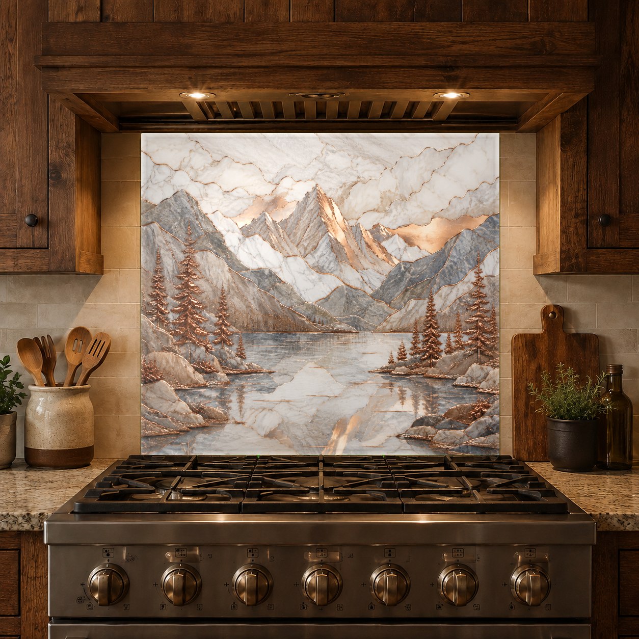 Custom size copper mountain lake glass backsplash panel behind a kitchen stove, blending with wood cabinets.