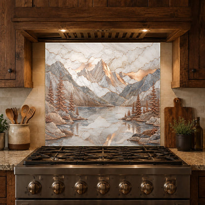 Custom size copper mountain lake glass backsplash panel behind a kitchen stove, blending with wood cabinets.