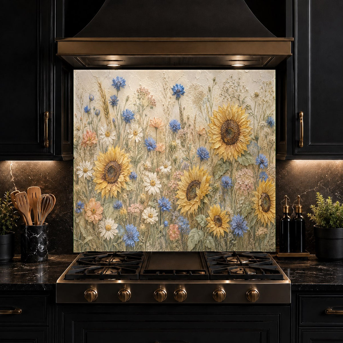 Bright floral kitchen glass panel behind cooktop