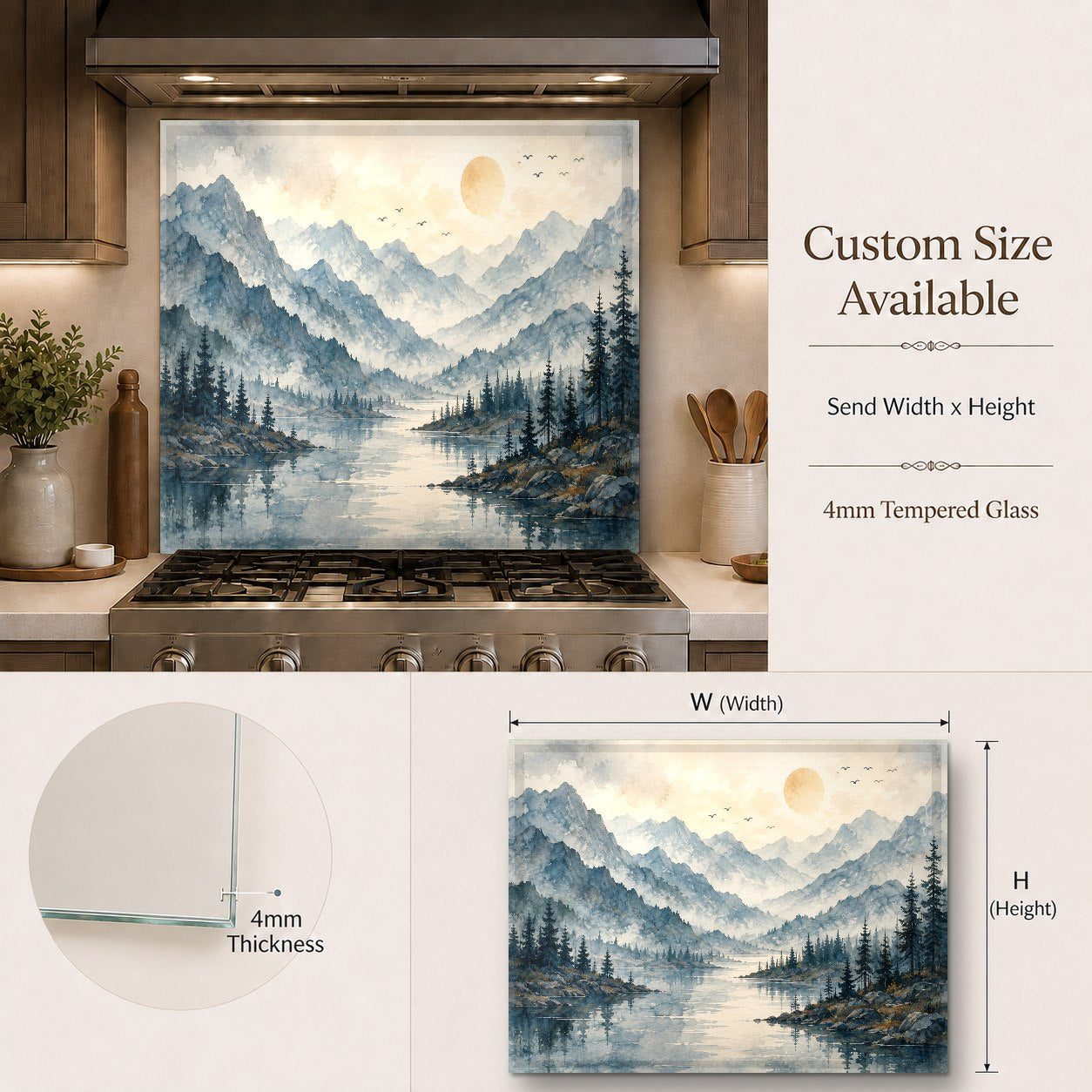 Modern rustic kitchen featuring a misty forest and lake glass backsplash behind the main cooking area.