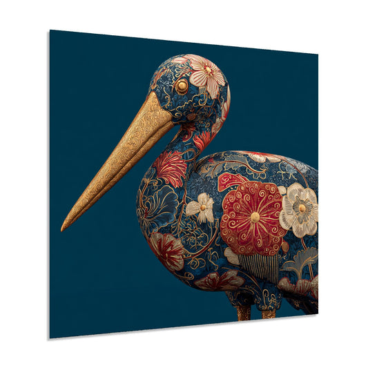 Decorative artwork of a stylized bird with floral patterns on a dark blue background