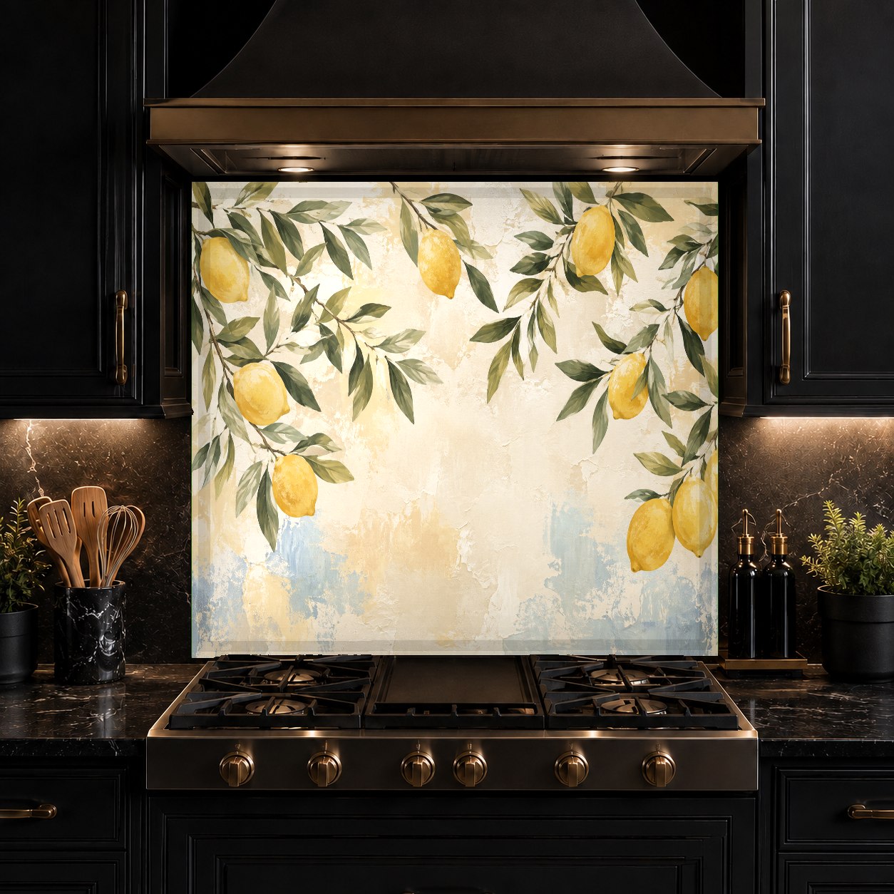 Full view of a bright lemon citrus glass backsplash behind a slide-in range