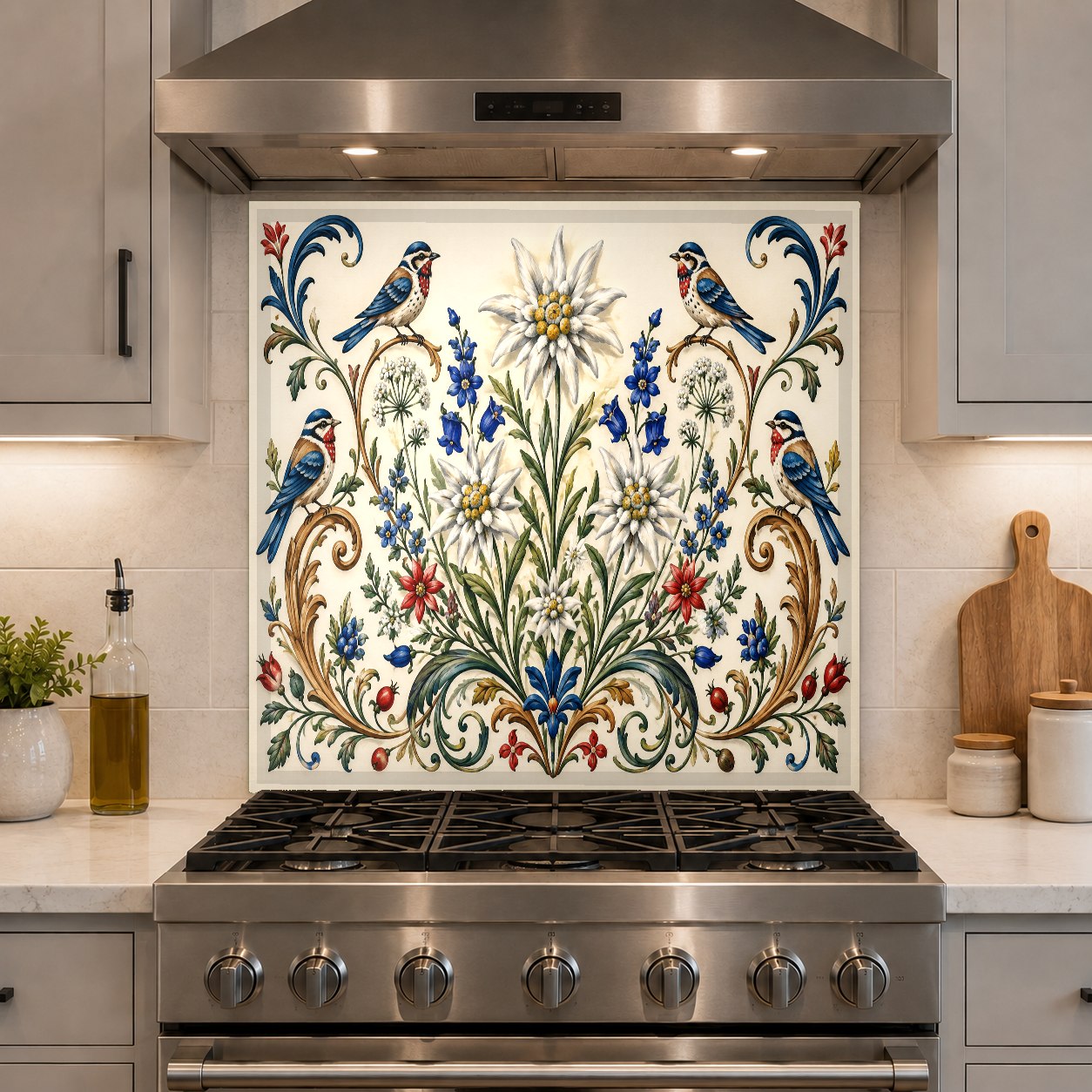 Tempered glass stove splash guard with coral garden artwork protecting kitchen wall from grease