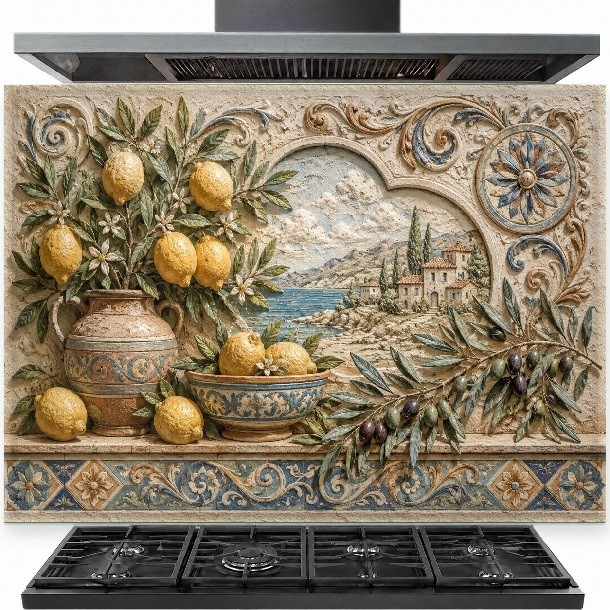 Olive and lemon tempered glass backsplash behind stove in a modern kitchen