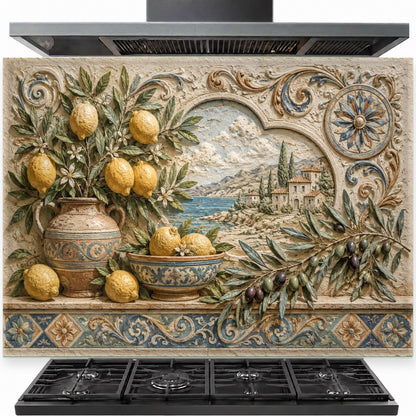 Olive and lemon tempered glass backsplash behind stove in a modern kitchen