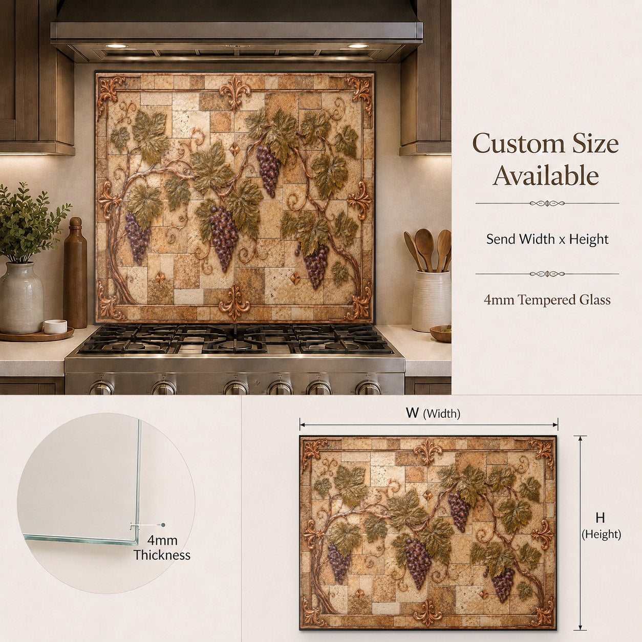 Heat resistant glass backsplash with realistic copper grapes design protecting the wall behind a slide-in range.