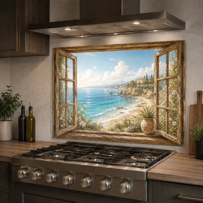 Ocean wave design glass backsplash protecting kitchen wall