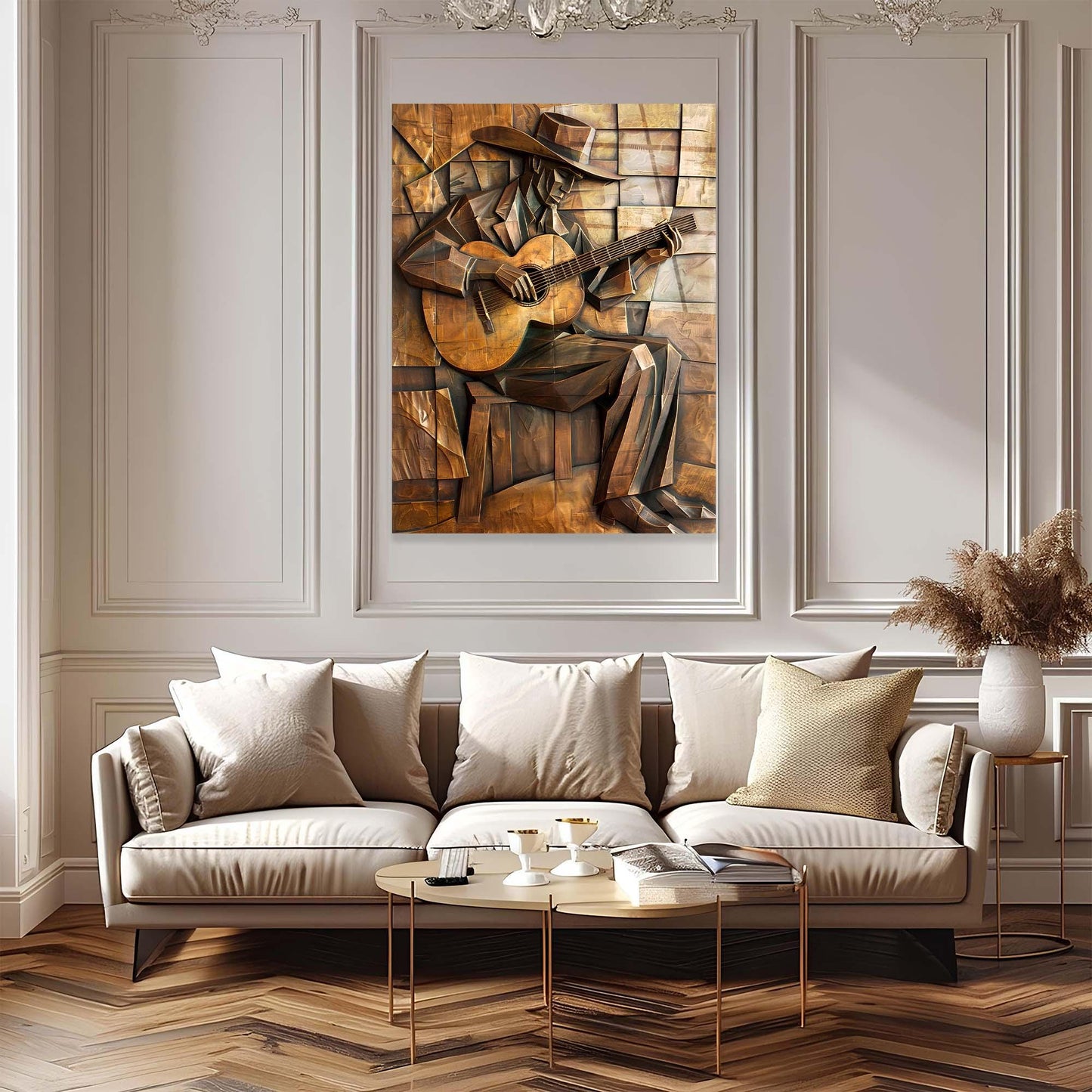 Framed artwork of a person playing guitar on a wall above a beige sofa with decorative pillows.