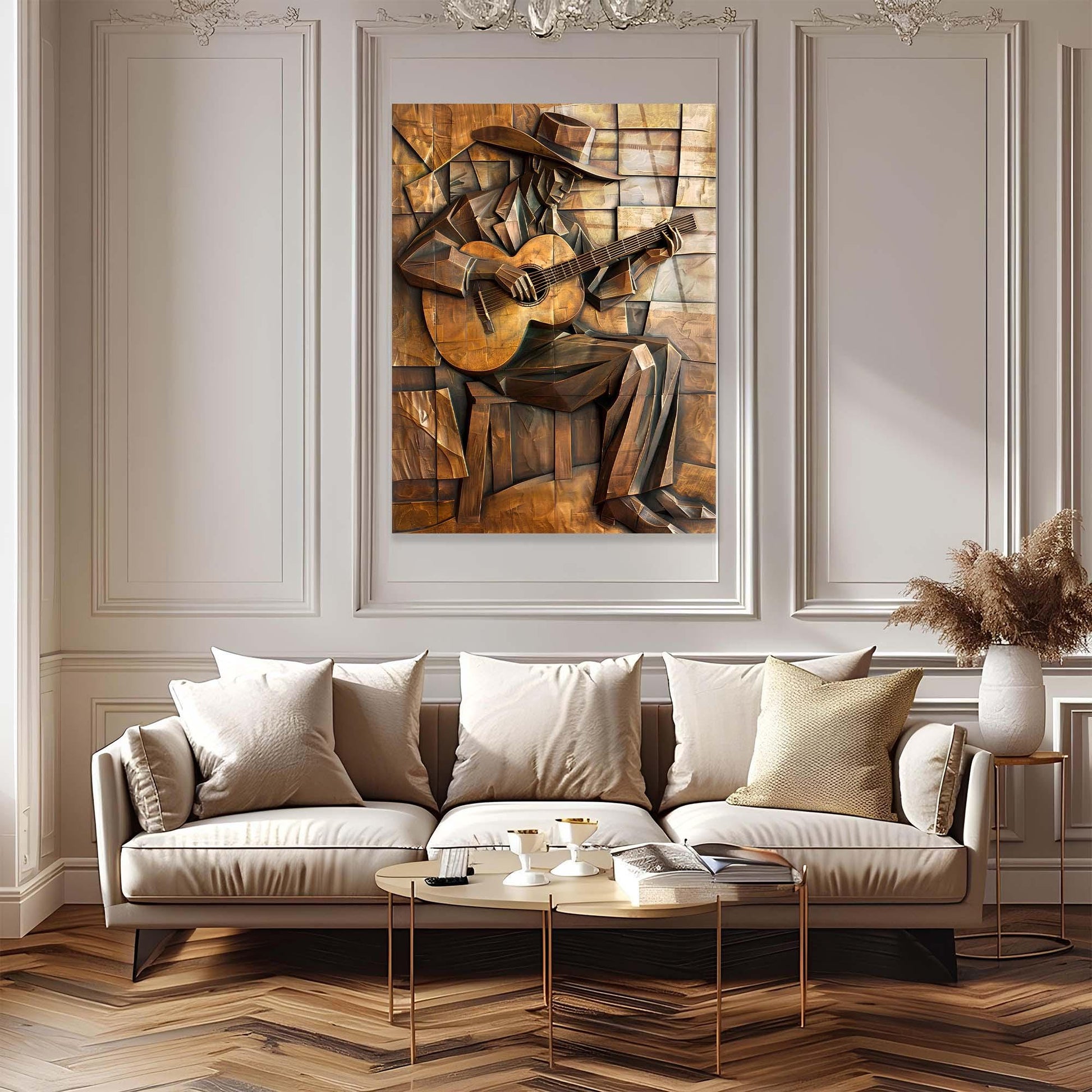 Framed artwork of a person playing guitar on a wall above a beige sofa with decorative pillows.