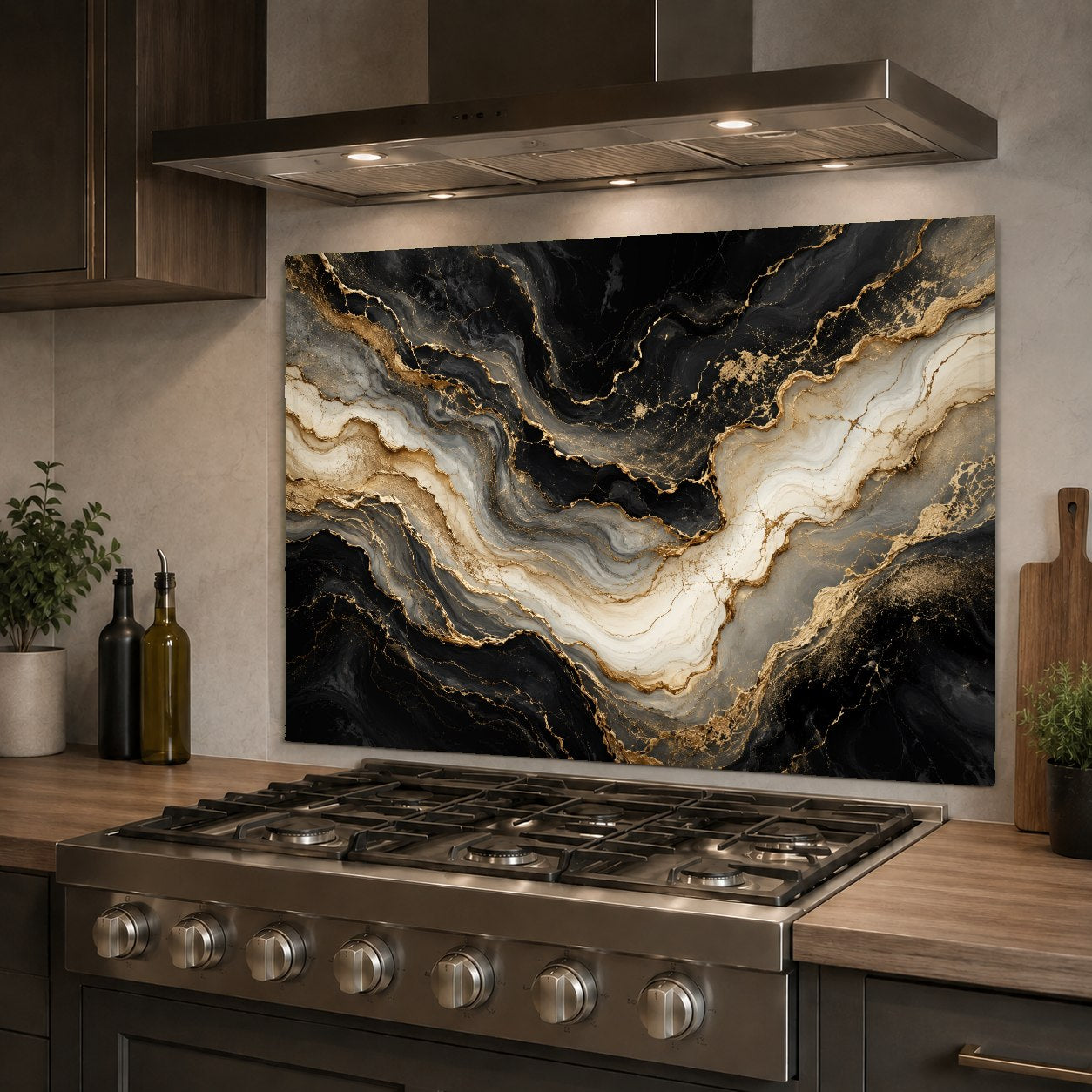 Elegant white and gold marble glass backsplash panel mounted on the wall behind a kitchen sink.