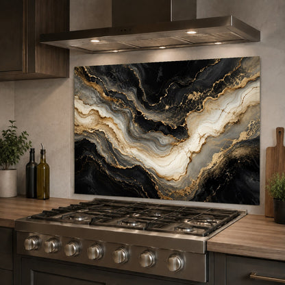 Elegant white and gold marble glass backsplash panel mounted on the wall behind a kitchen sink.