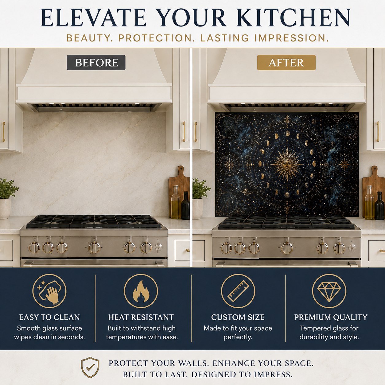 Abstract constellation art glass kitchen panel over a quartz kitchen counter