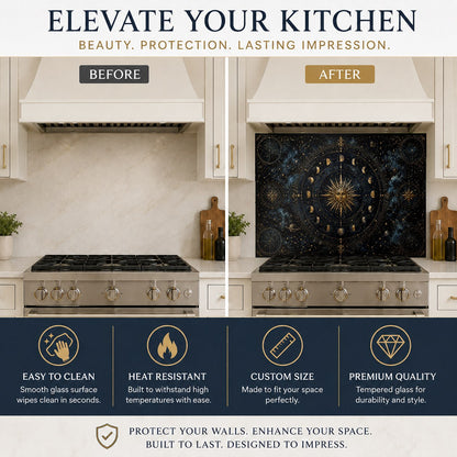 Abstract constellation art glass kitchen panel over a quartz kitchen counter