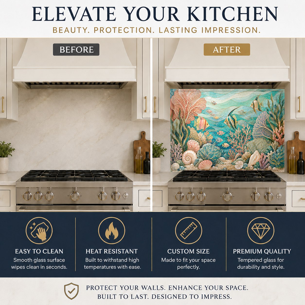Coastal themed tempered glass kitchen panel on a kitchen island wall