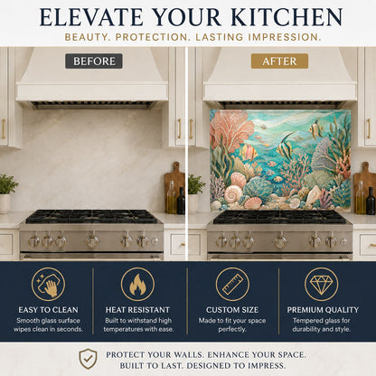 Coastal themed tempered glass kitchen panel on a kitchen island wall