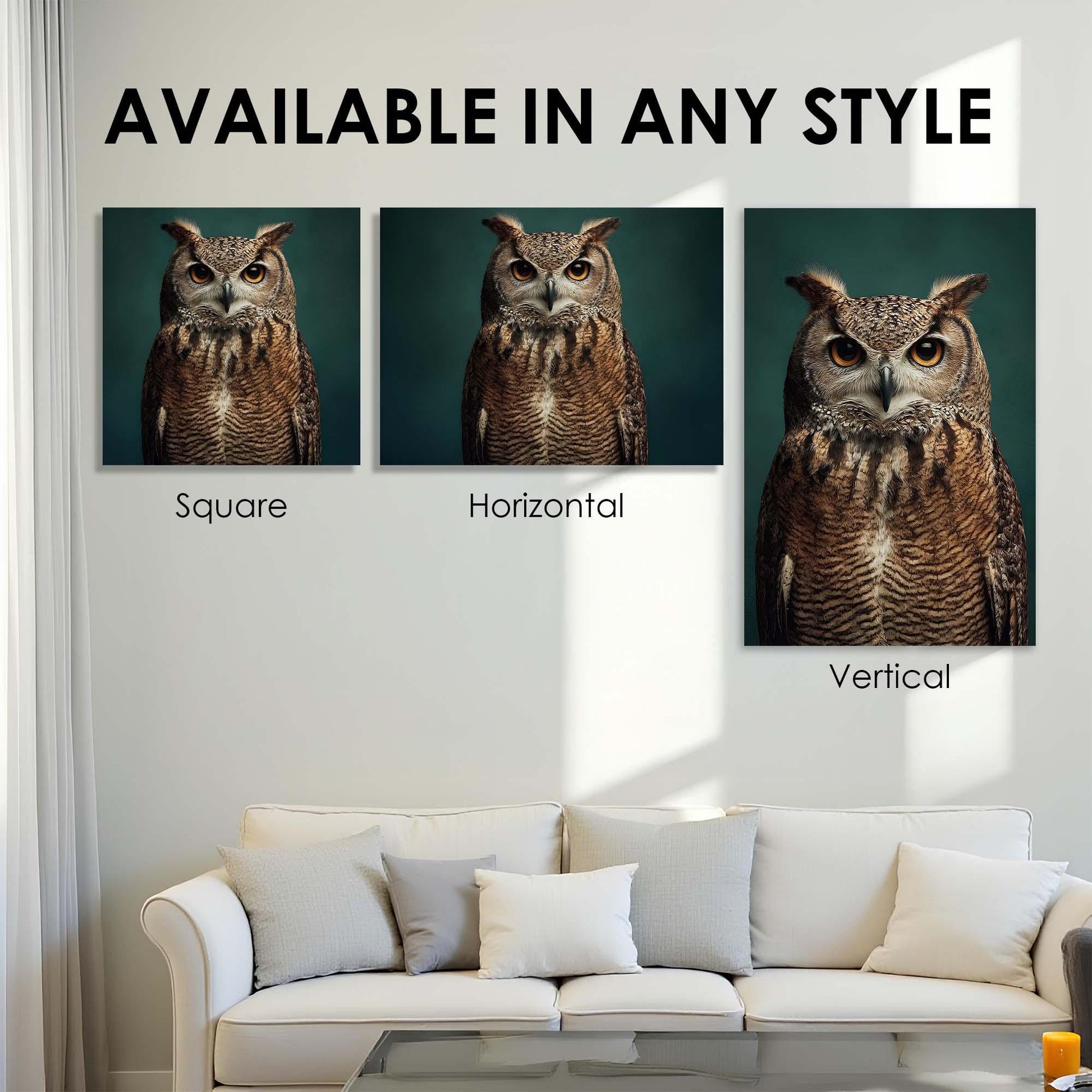 Three owl artworks displayed on a wall above a sofa with text 'Available in any style'.