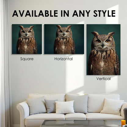 Three owl artworks displayed on a wall above a sofa with text 'Available in any style'.