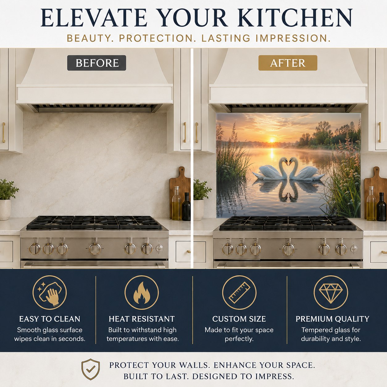 Heat-resistant glass stove backsplash guard with a romantic lake print in a white kitchen.