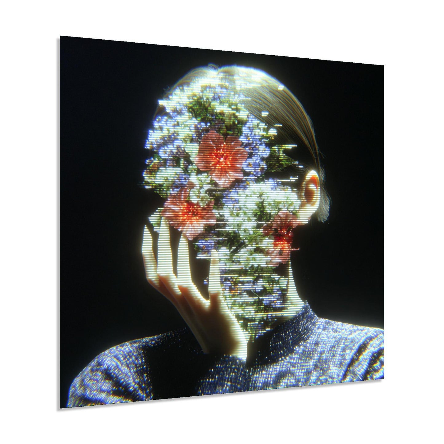 Digital art piece with a person's face overlayed with floral patterns on a dark background