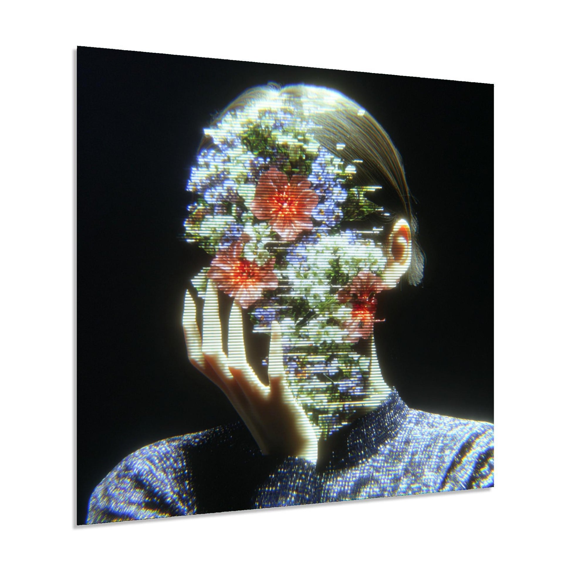 Digital art piece with a person's face overlayed with floral patterns on a dark background