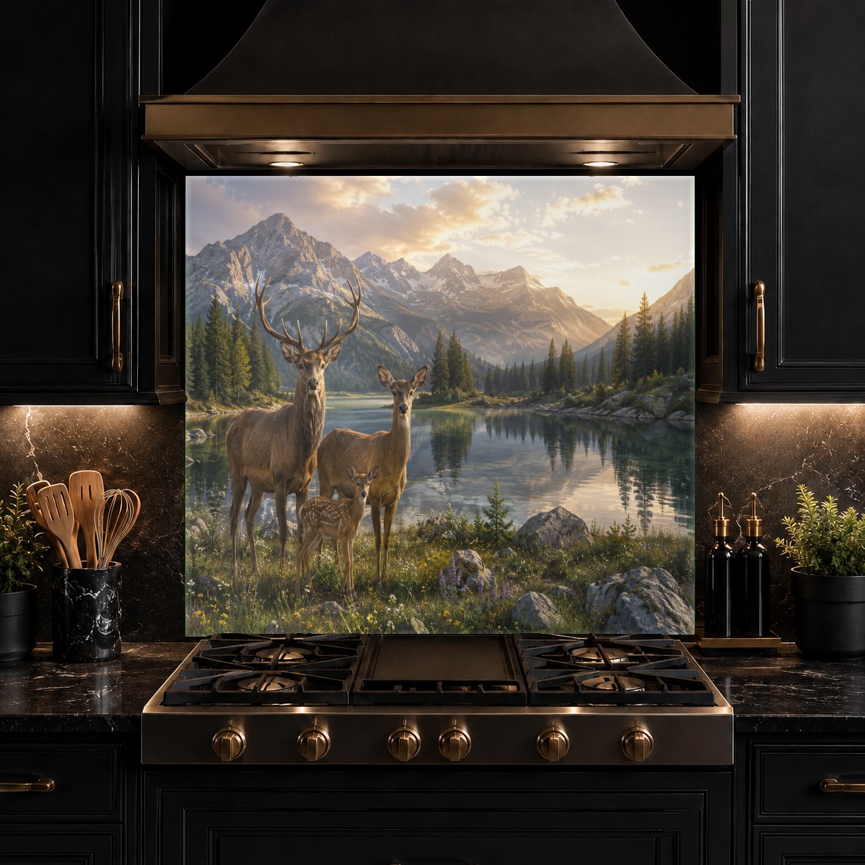 Cabin-style kitchen featuring a deer family glass backsplash panel that protects walls from grease and heat.