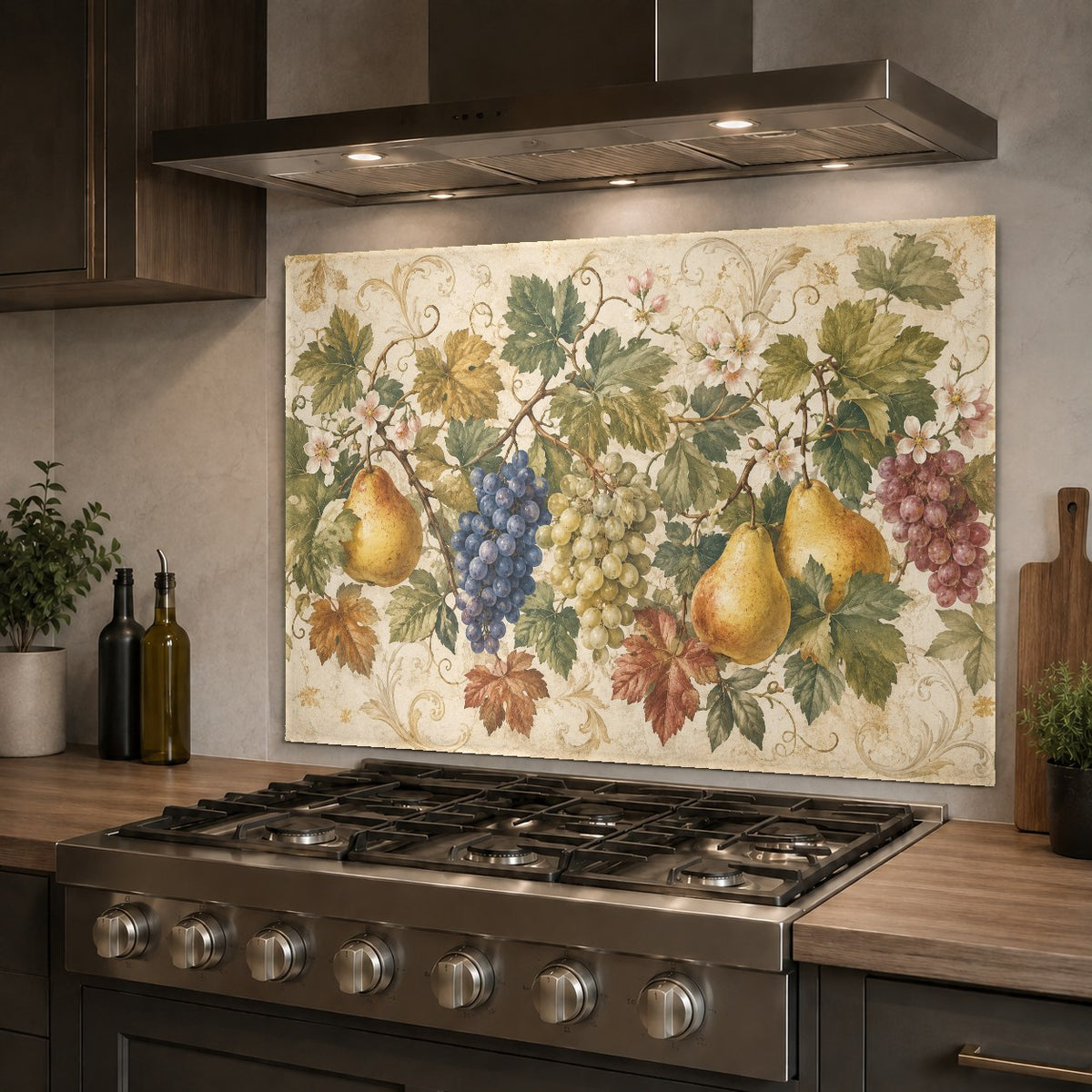 Mediterranean-style lemon grove glass backsplash panel highlighting a modern home coffee bar area.