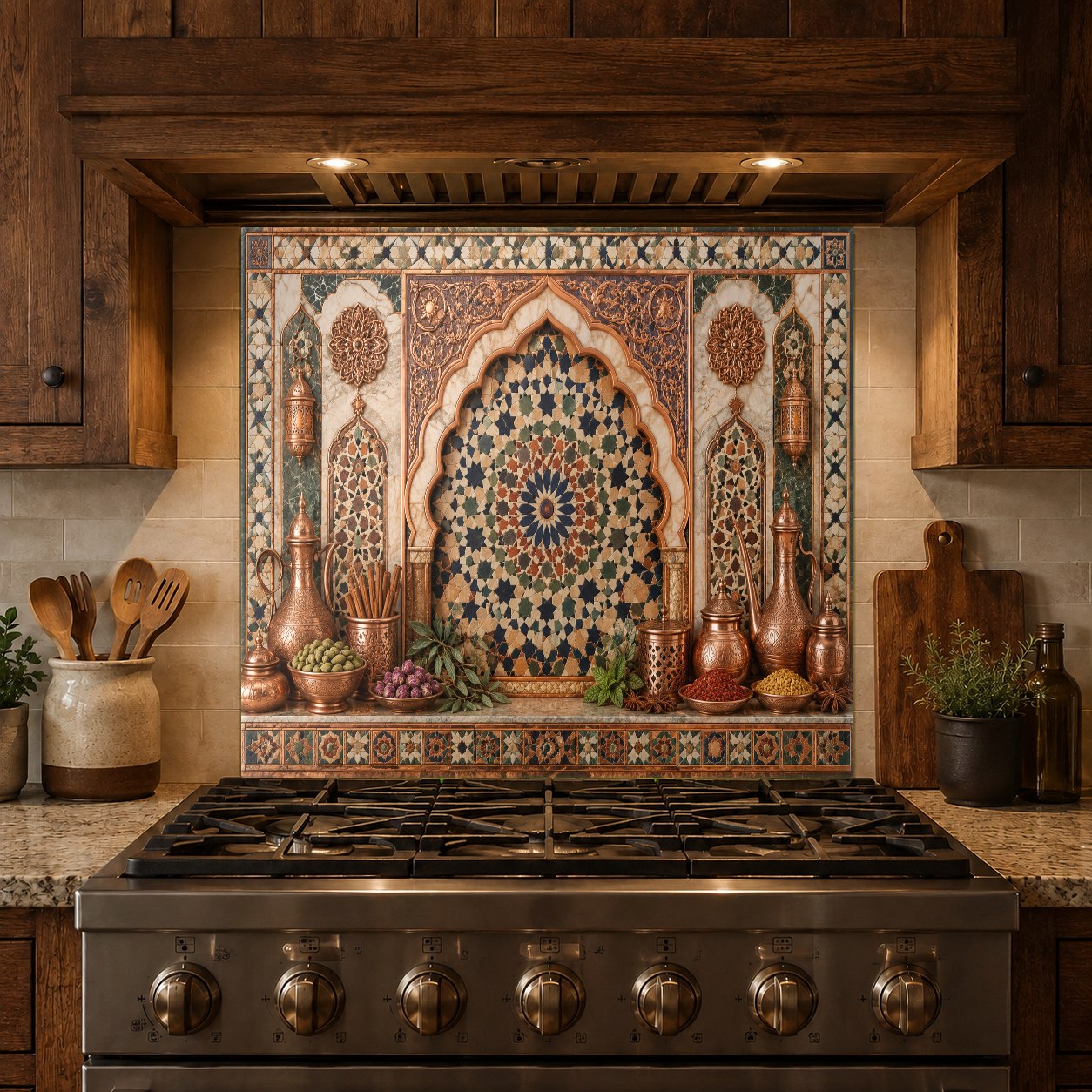 Seamless hygienic glass kitchen backsplash panel with copper tile design